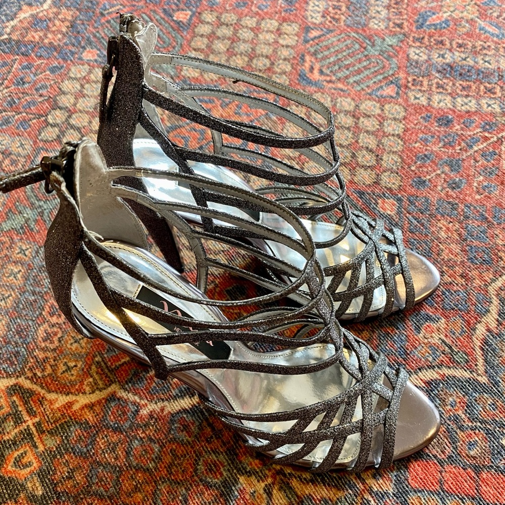 Nina Metallic Black Strappy Heeled Sandals-Pewter Baby Glitter